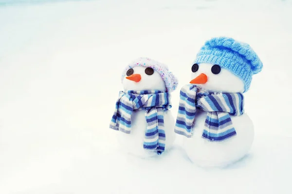 Two Little Cute Snowmen Hats Scarves Snow Winter Day Close — Stock Photo, Image