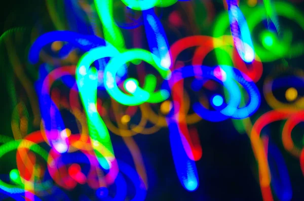 Fondo Azul Bokeh Círculos Multicolores Festivos Brillantes Líneas Movimiento Luces —  Fotos de Stock