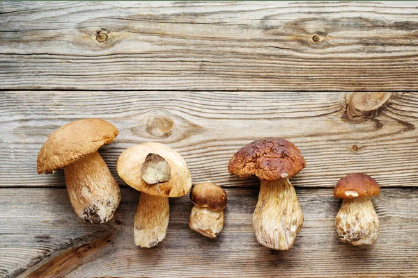 Grzyby Leśne Białe Boletus Edulis Starej Drewnianej Powierzchni Stołu Widok — Zdjęcie stockowe