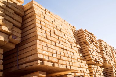 Gökyüzüne karşı istiflenmiş tahta yığınları. Kereste deposu, ahşap kurutma. İnşaat için kereste.