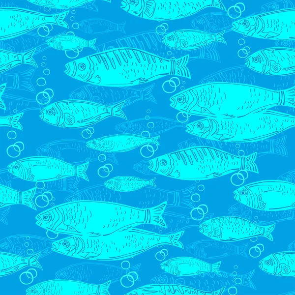 Векторный бесшовный рисунок с ярко-голубыми рыбами — стоковый вектор
