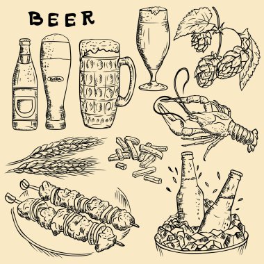 Vektör Lineer çizim. Bira, bira aperatif, bira tesisat.