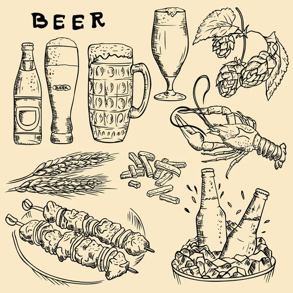 Desenho linear do vetor. Cerveja, lanche de cerveja, cerveja ware. — Vetor de Stock