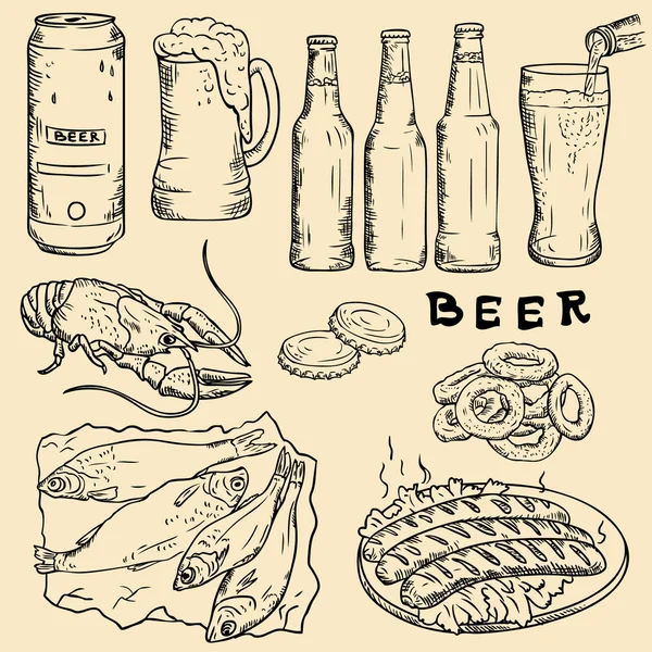 Disegno lineare di vettore. Birra, snack di birra, birra ware. — Vettoriale Stock