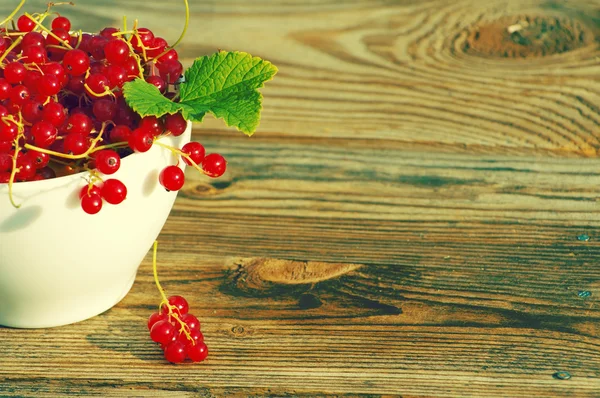 Berries of red currant in a white bowl on a textural wooden surface. — Stock Fotó