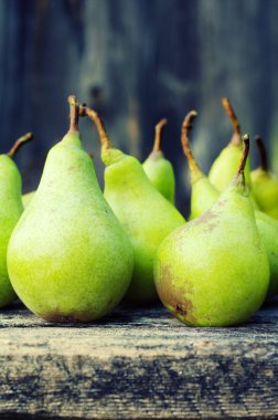 Olgun taze yeşil armut kapatın. Armut sonbahar kırpma