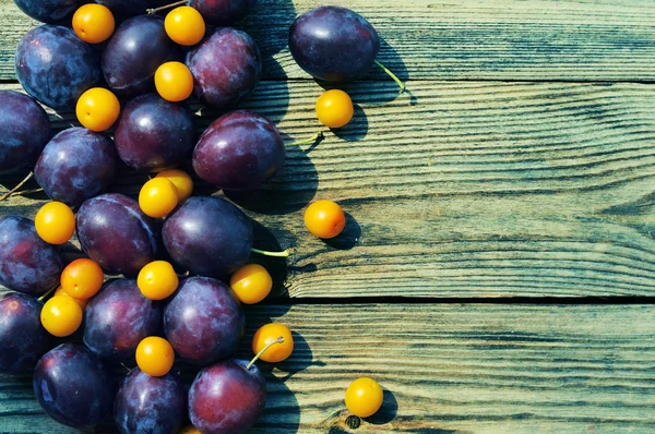 Ciruelas y una ciruela de cereza amarilla sobre una superficie de madera texturizada. Fondo con ciruelas azules y una ciruela de cereza amarilla —  Fotos de Stock