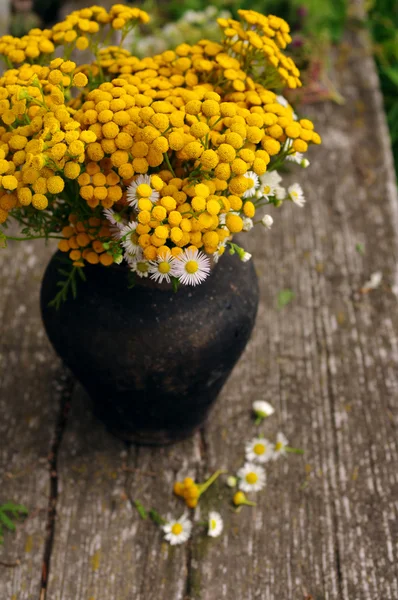 Flores de verano en una olla vieja sobre un fondo viejo de madera. Flores medicinales de un tanaceto. Hermoso fondo de flores con flores amarillas en estilo vintage — Foto de Stock