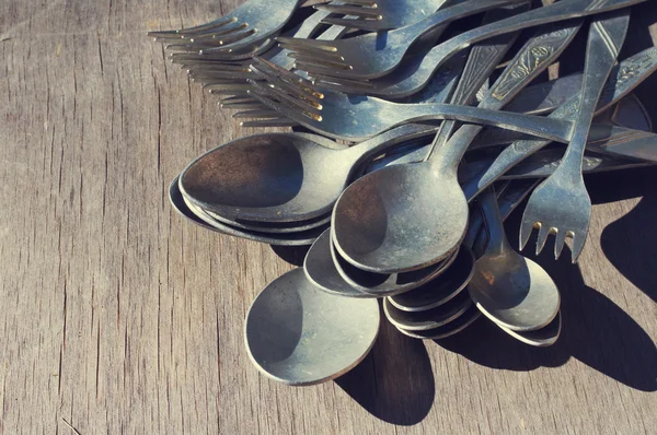 Aluminium spoons, forks. Old tableware — Stock Photo, Image