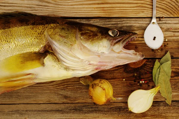 Fisk en flod gös på en planka med salt, lagerblad, lök, paprika. — Stockfoto