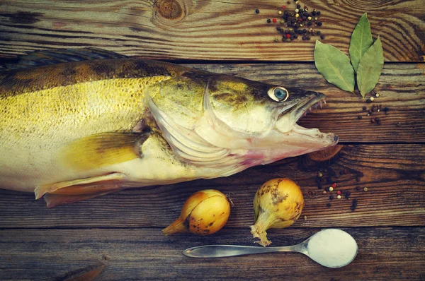 Fisk en flod gös på en planka med salt, lagerblad, lök, paprika. — Stockfoto