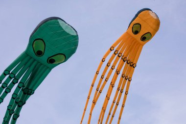 Gökyüzünde ahtapot şeklinde uçurtmalar. Uçurtma Festivali. Sindirme kavramı