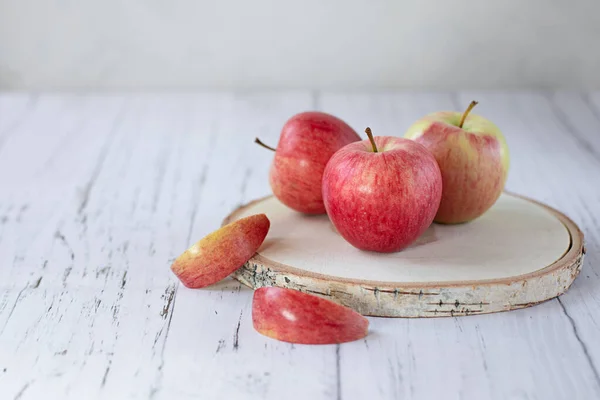 Ripe Red Apples Wooden Stand Light Background Sawing Wood New — Stock Photo, Image