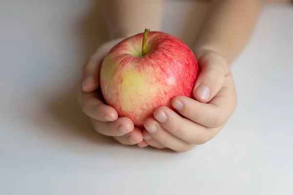 Ripe Juicy Beautiful Red Apple Hands Child Light Background Closeup — Stock Photo, Image