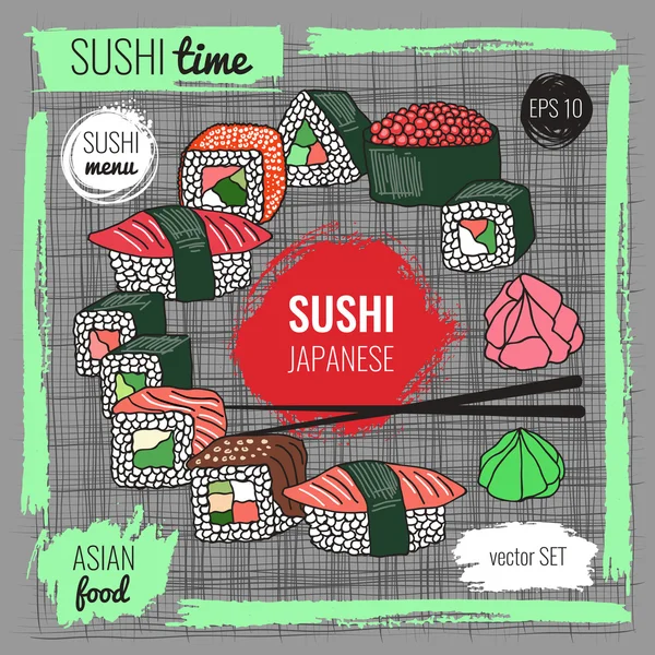 Conjunto vectorial de sushi. Ilustración dibujada a mano — Vector de stock