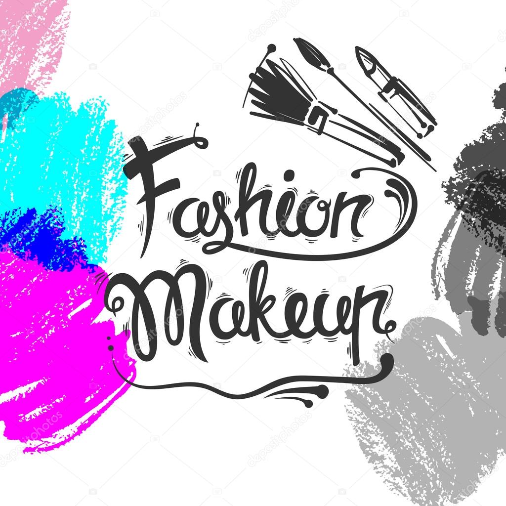 The lettering and brush strokes. Fashion makeup, brushes, lipstick