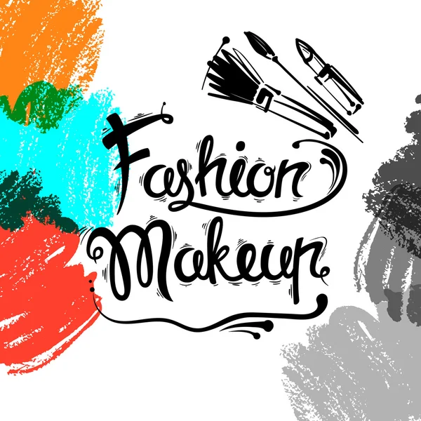 The lettering and brush strokes. Fashion makeup, brushes, lipstick. Stock Illustration