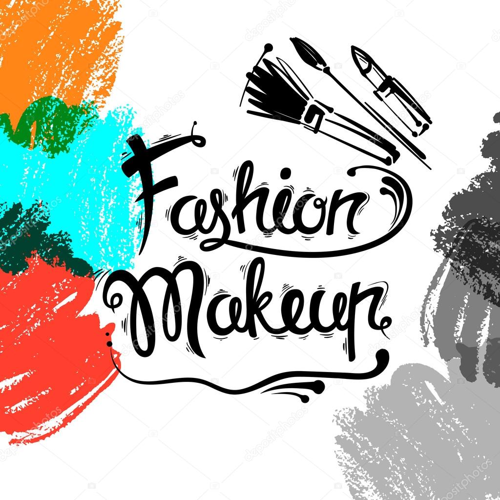 The lettering and brush strokes. Fashion makeup, brushes, lipstick.