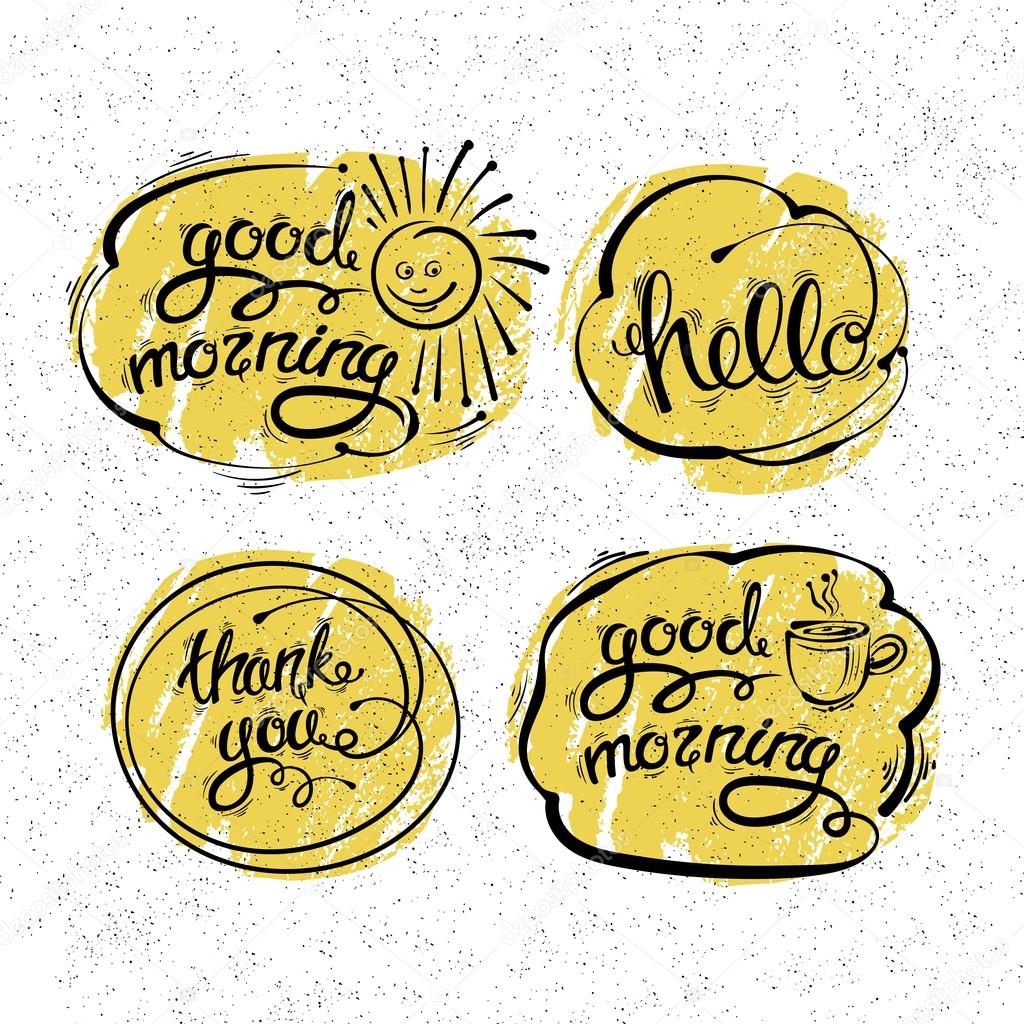Vector set of hand drawn letters, texts, phrases. Thank you, Hello, good morning