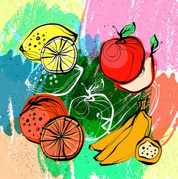 Mezcla de frutas sobre fondo acuarela. Vector ilustración dibujada a mano — Vector de stock