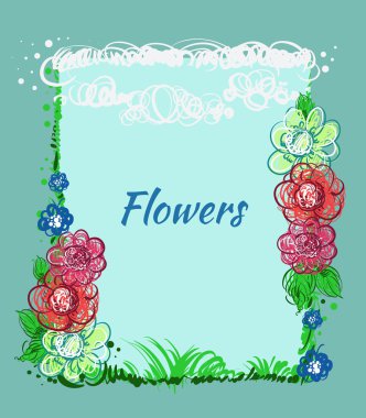 El çekilmiş çiçekler, gökyüzü, çim. Vektör tebrik kartı 