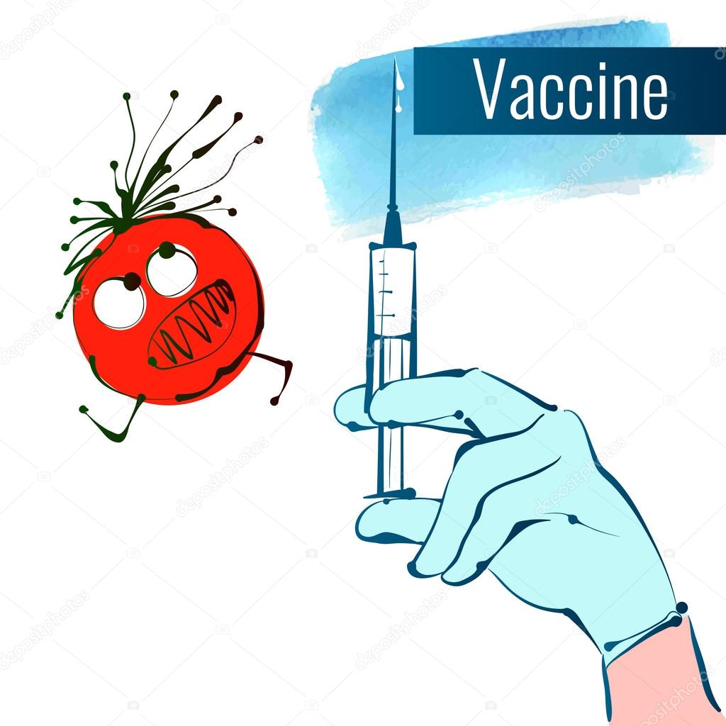 The doctors hand holds the syringe with the vaccine. The virus escapes