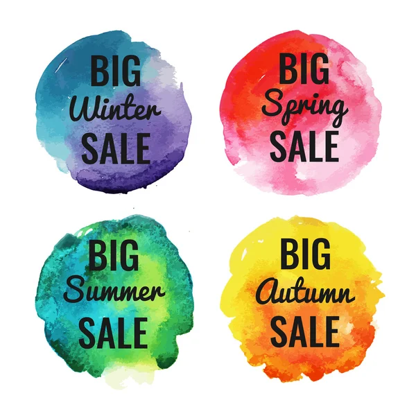 Colorful watercolor bright spots. Winter, spring, summer autumn big discount — Stock Vector