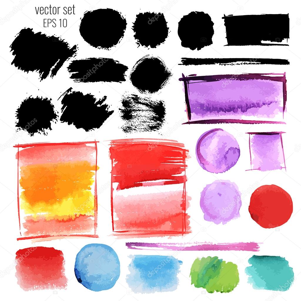 Watercolor and ink stains. Vector set of elements.