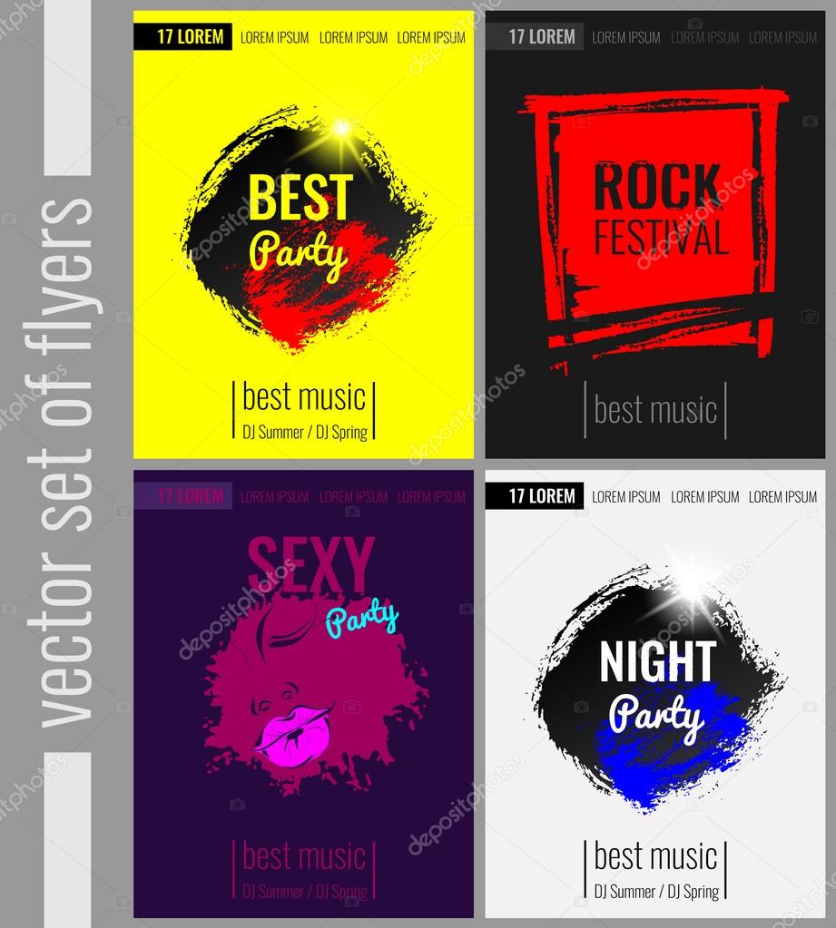 Set of vector posters, flyers for parties and events. The best party, rock festival, night party, sexy party.
