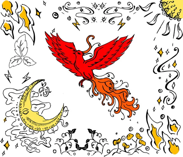 Illust Con Pájaro Místico Phoenix Color Ardiente — Vector de stock