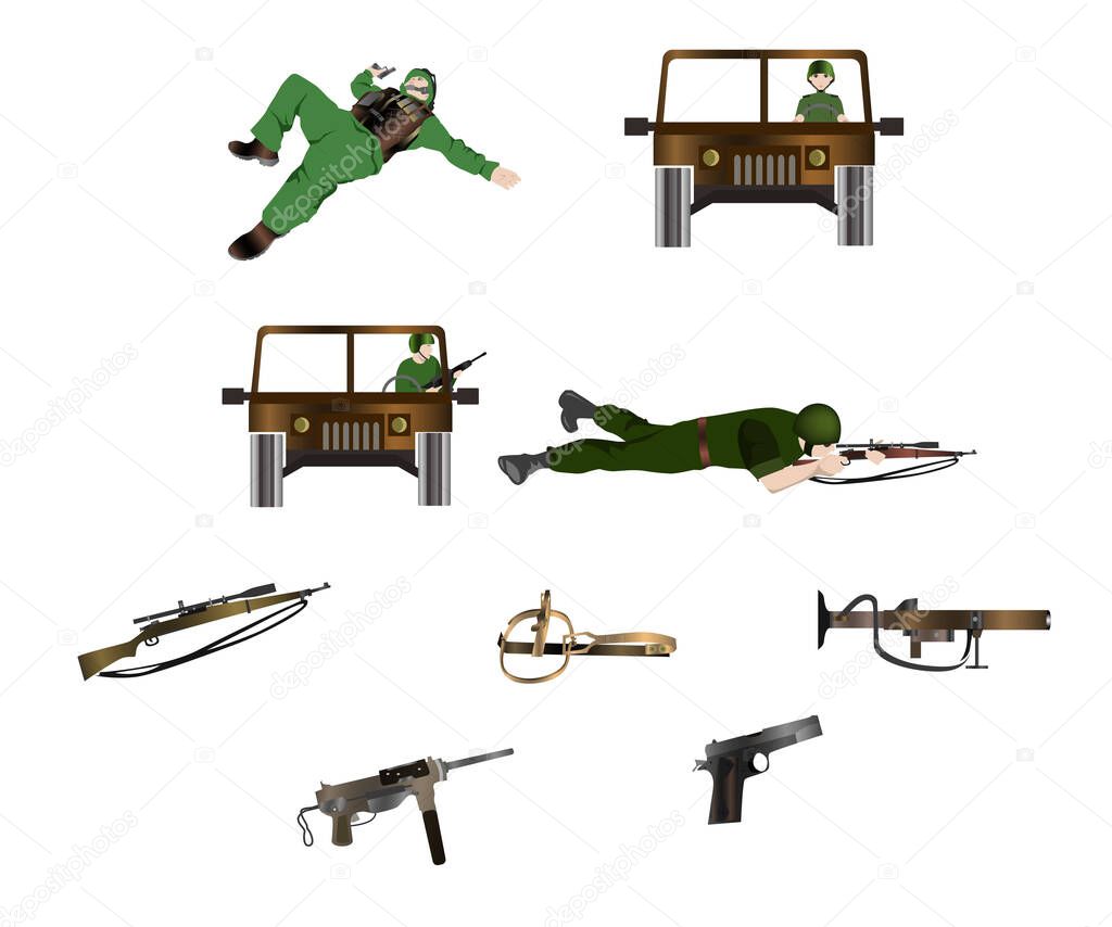 illustration - a set - soldiers and weapons on the theme of war.