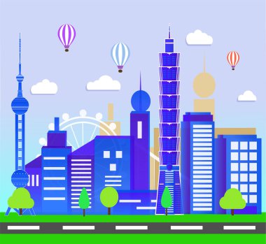 Modern şehir mimarisi ile düz tasarım tarzında resim. 