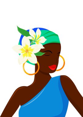 Koyu tenli güzel bir kız ve parlak bir çiçeğin olduğu bir resim..