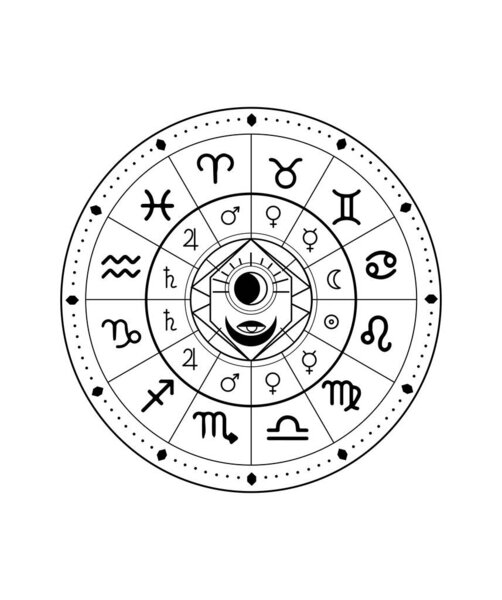Иллюстрация - зодиакальная диаграмма в черно-белом цвете.