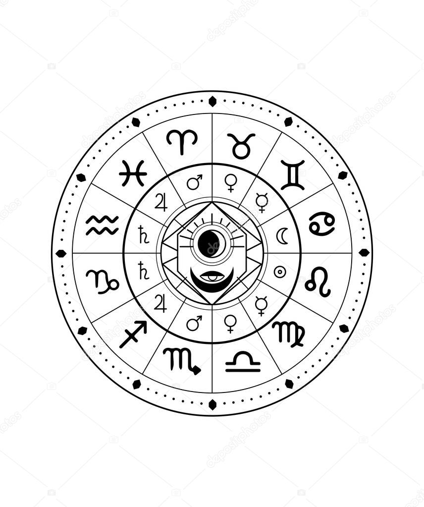 The illustration - zodiac chart in black and white color.