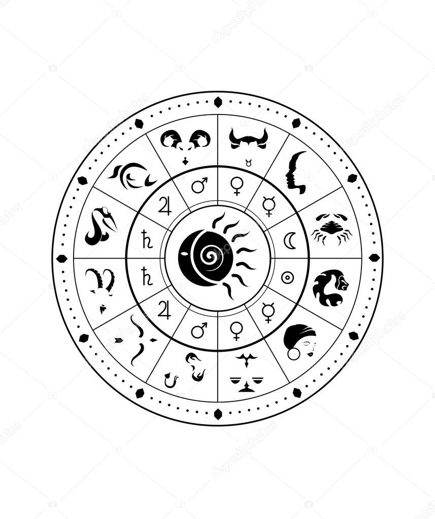 The illustration - zodiac chart in black and white color.