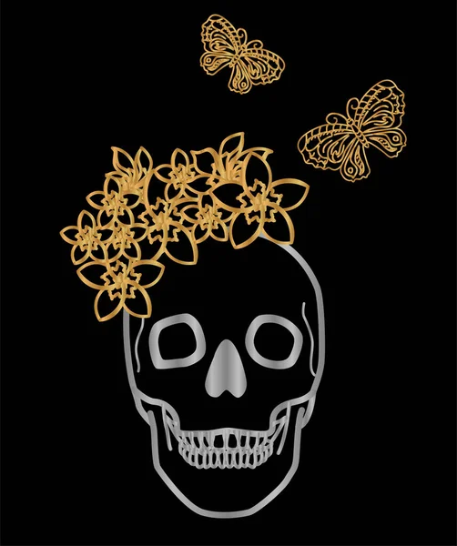 Ilustración Vectorial Cráneo Feliz Con Flores Mariposas — Vector de stock