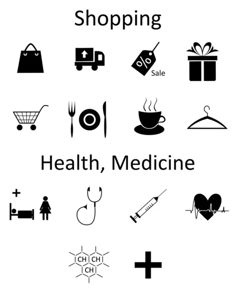 Icons Shopping and Medicine black — Stock Vector