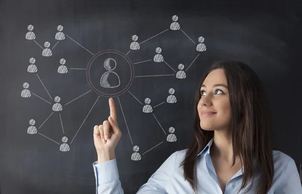 Businesswoman standing against social network chalk drawing — Stock Photo, Image