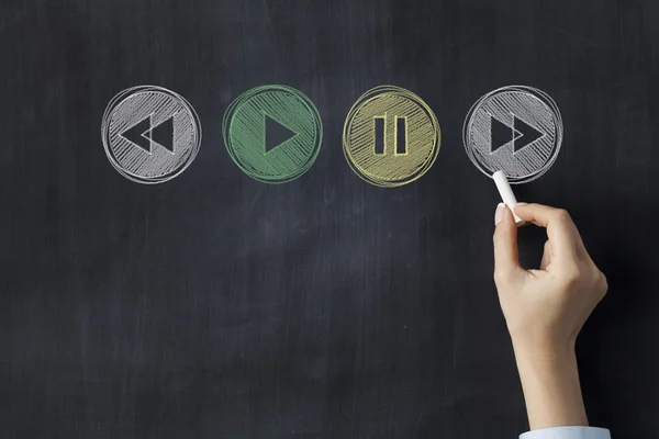 Play stop and rewind icons on blackboard — Stock Photo, Image