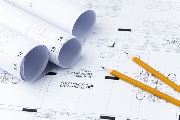 Pencils on blueprint..architecture blueprints, building plans Stock Photo