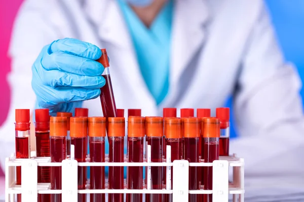 Technician Holding Blood Tube Test Research Laboratory Coronavirus Testing Doctor — Stock Photo, Image