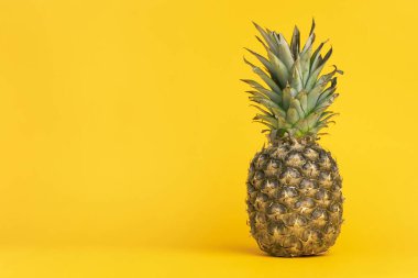 Sarı arka planda taze ananas. Yaz zamanı ve tatil planı