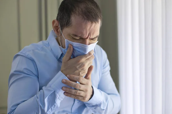 Young Man Coughing Medical Mask — Stock Photo, Image
