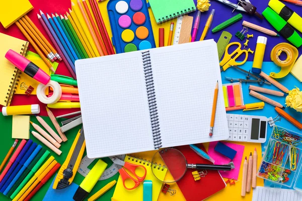 School Supplies Wooden Desk Blank Notebook Back School Concep — Stock Photo, Image