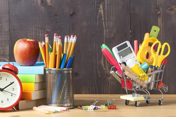 Papelería Material Oficina Carrito Compras Miniatura Regreso Escuela — Foto de Stock