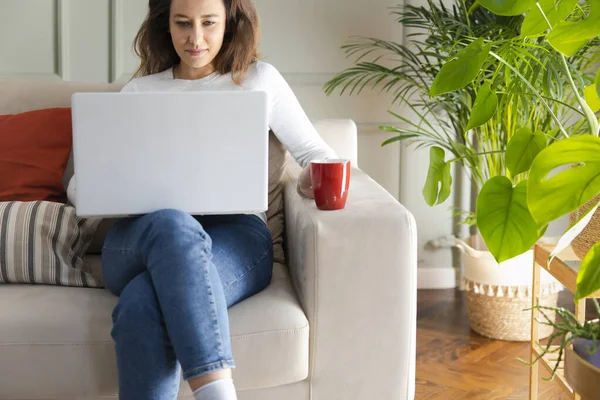 Jonge Vrouw Die Bank Zit Laptop Gebruikt Koffie Drinken Haar — Stockfoto