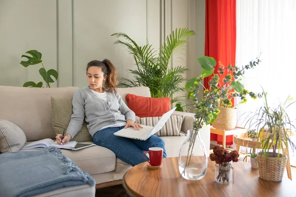 在家里沙发上使用笔记本电脑的女人 舒适的工作环境 自由工作者 — 图库照片