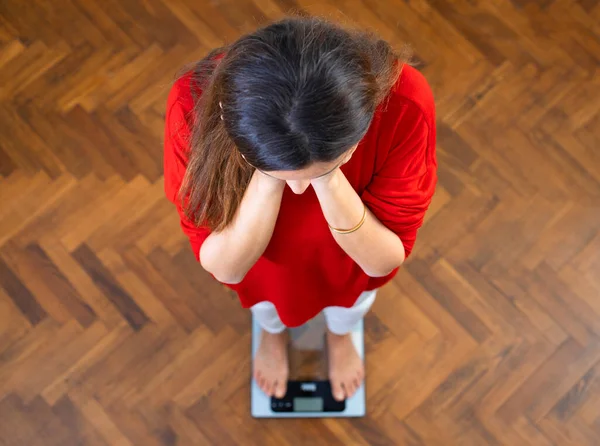 Sad Young Woman Standing Scale She Satisfied Result Diet Healthy — Stock Photo, Image