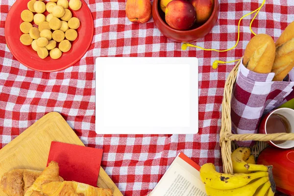 Mockup Tablet White Screen Plaid Picnic Blanket — Stock Photo, Image